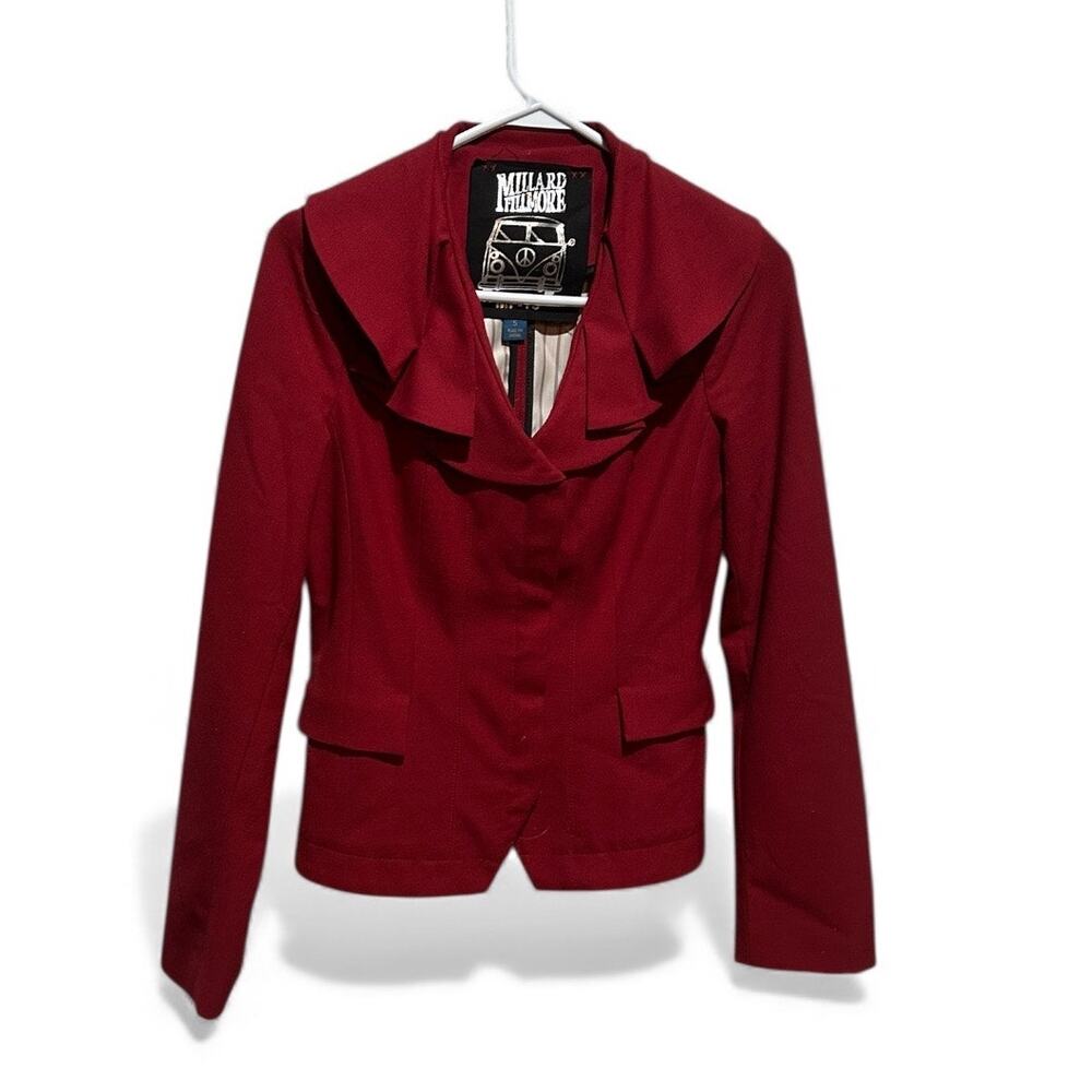 Millard Filmore Red Blazer Button Up Clips Size Small Ruffled Collar MF-13